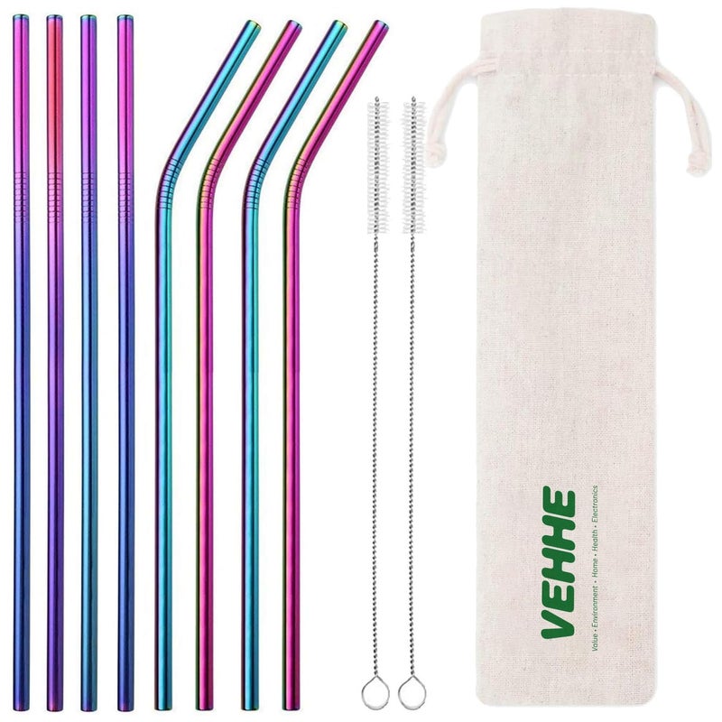 VEHHE Metal Straws Drinking Straws 10.5" Stainless Steel Straws Reusable 8 Set - Ultra Long Rainbow Color-Cleaning Brush for 20/30 Oz for Yeti - Image 1